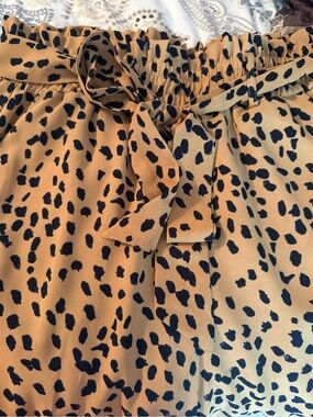 Leopard Print Wide Leg Pants with Paperbag Waist - Tan/Black